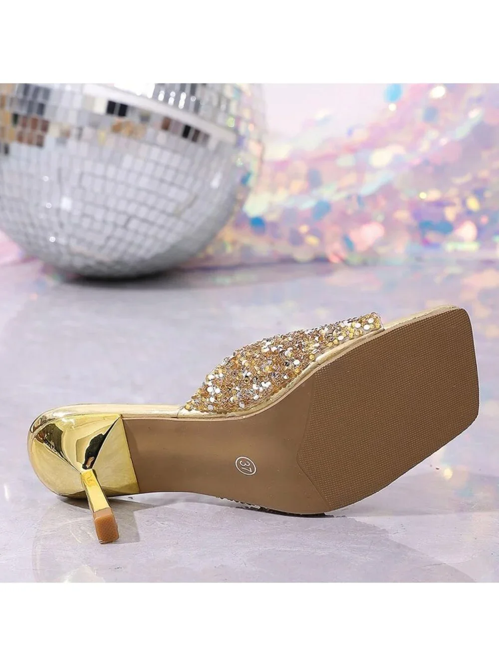 Women's Gold 1 Wide Strap Shiny Rhinestones Stiletto Sandals Square Open Toe
